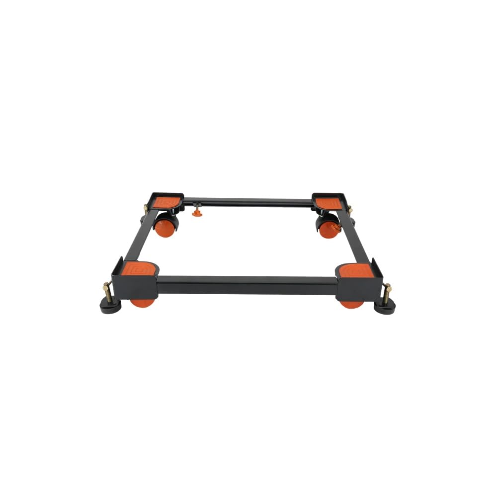 SoraChi Adjustable Iron Washing Machine Stand with Wheels | Elevates Appliances to Prevent Water Damage & Reduce Vibrations | Universal Fit for Washers & Refrigerators (Black Orange)