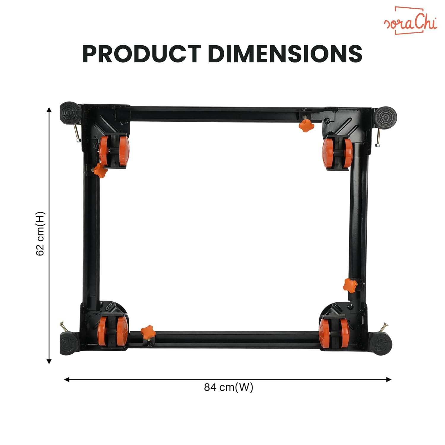 SoraChi Adjustable Iron Washing Machine Stand with Wheels | Elevates Appliances to Prevent Water Damage & Reduce Vibrations | Universal Fit for Washers & Refrigerators (Black Orange)