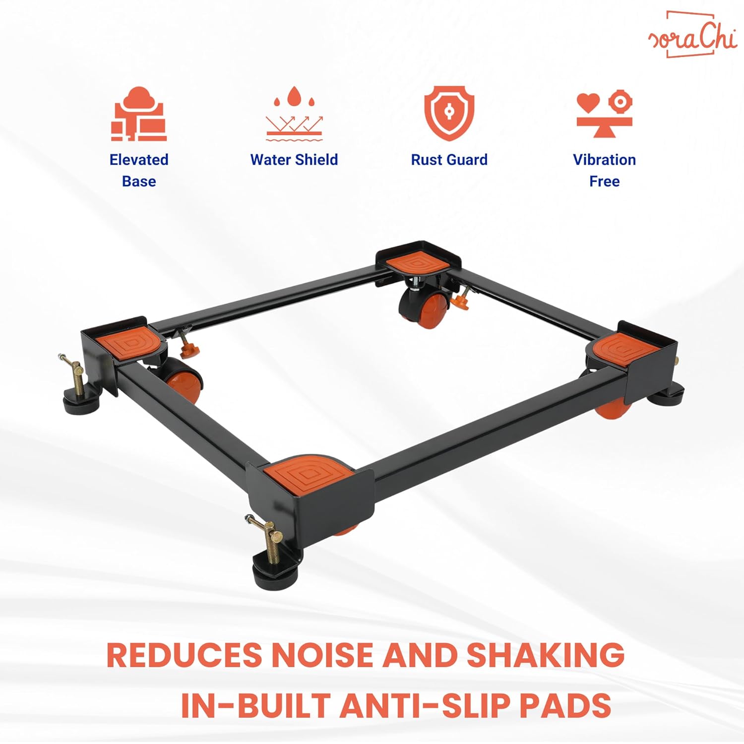 SoraChi Adjustable Iron Washing Machine Stand with Wheels | Elevates Appliances to Prevent Water Damage & Reduce Vibrations | Universal Fit for Washers & Refrigerators (Black Orange)