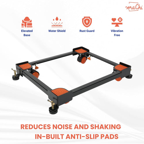 SoraChi Adjustable Iron Washing Machine Stand with Wheels | Elevates Appliances to Prevent Water Damage & Reduce Vibrations | Universal Fit for Washers & Refrigerators (Black Orange)
